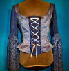 blue silk corset with pearls and lace, rear view